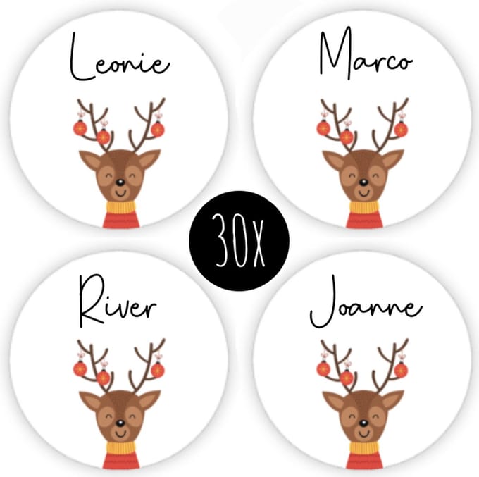 30x Kerst Stickers / Naamstickers | rond | beschrijfbaar | sticker naam | 35 mm | RENDIER