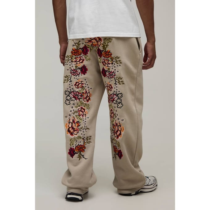 Straight Fit Floral Embroidered Jogger | Stone | Size XL