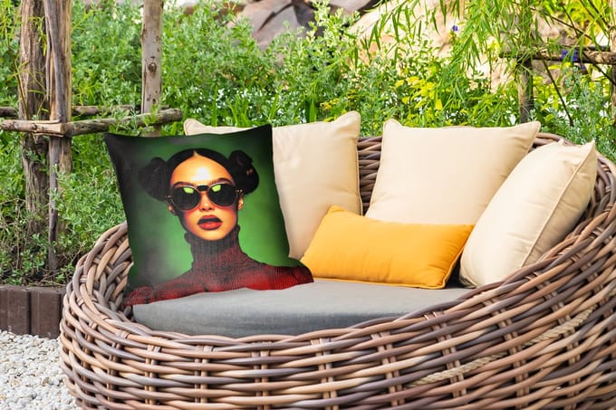 Buitenkussen - Vrouw - Groen - Bril - Aesthetic - Modern - 45x45 cm - Weerbestendig