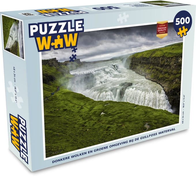 Puzzel Donkere wolken en groene omgeving bij de Gullfoss waterval - Legpuzzel - Puzzel 500 stukjes