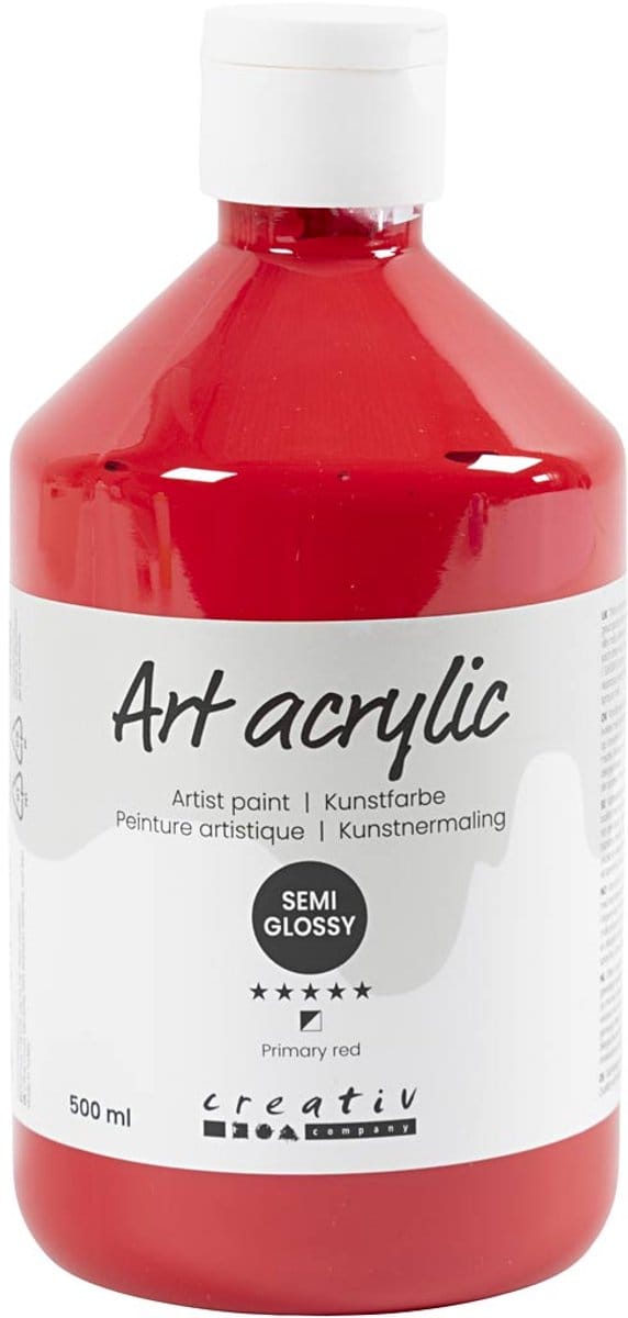 Acryl Verf, semi-glanzend, semi-transparant, primair rood, 500 ml/ 1 fles