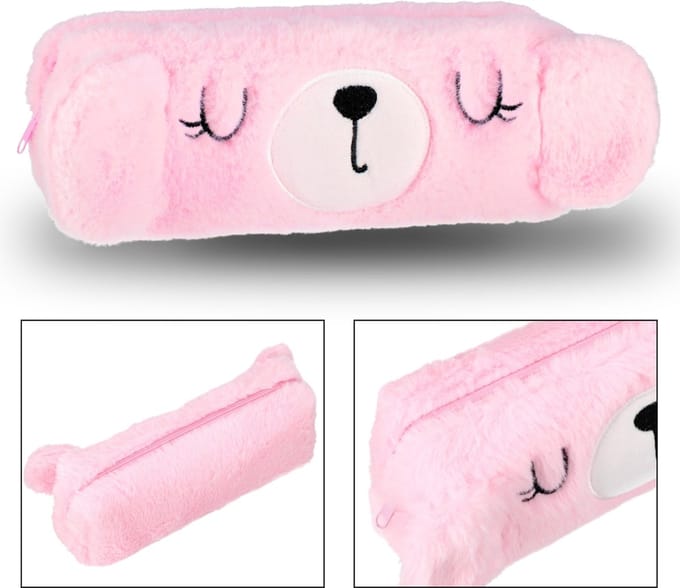 Roze pluche etui voor meisjes met rits 23x8x5cm
