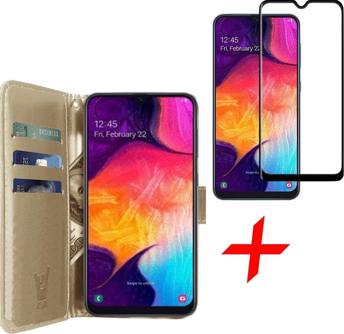 Hoesje geschikt voor Samsung A30s en Screenprotector - Book Case Kunstleer Wallet + Screen Protector Full - Goud
