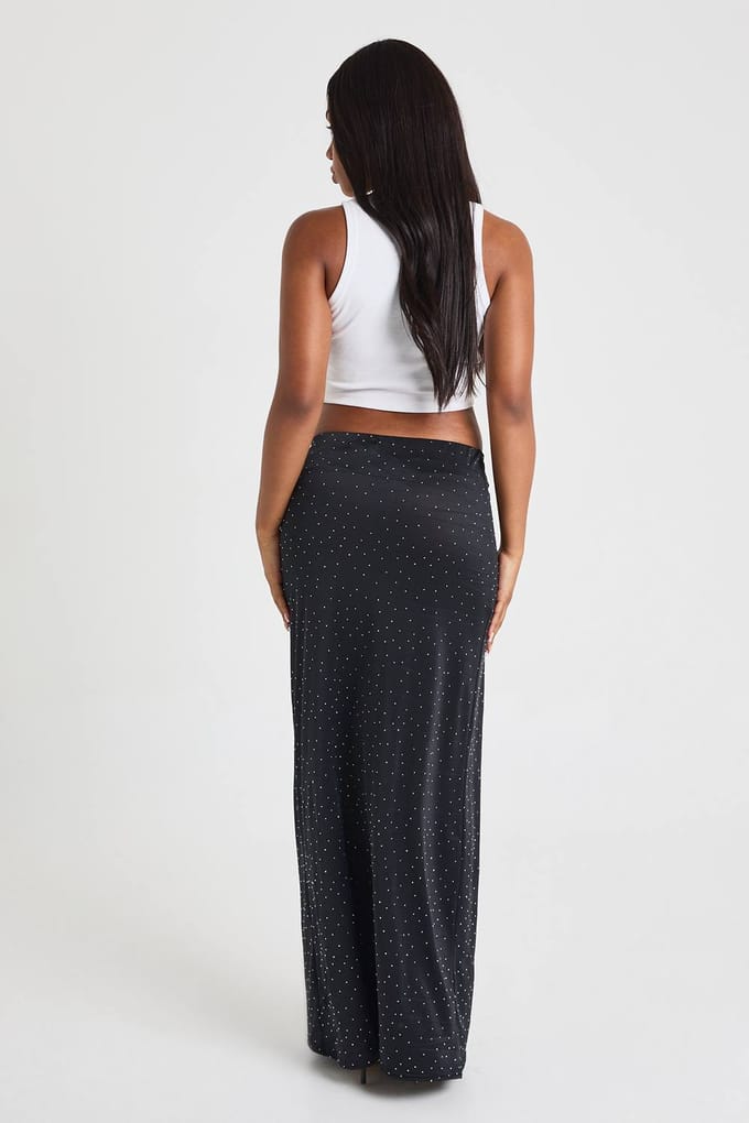 boohoo Dames Hotfix Slinky Maxirok met lage taille | Black | Maat: 10