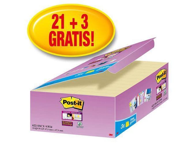 Memoblok 3M Post-it 622 Super Sticky 47.6x47.6mm geel 21 + 3 gratis