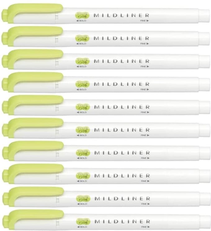 Zebra Mildliner -Sided Highlighter - Fine / Bold – Mild Citrus Green Set van 10 + een Luxe Zipperbag - WKT7-MCG