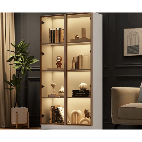 Merax Vitrine met 2 glazen deuren, hoog dressoir - LED's - 80 x 40 x 160 cm - spaanplaat - Wit