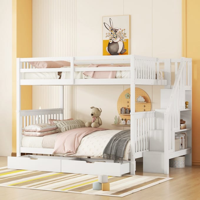 MODFU Stapelbed 140x200 cm – Grenenhout en MDF – Met trapkast & 2 lades – EN747 – Wit