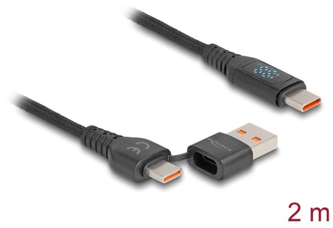 Delock USB 2.0 Fast Charging Cable USB Type-C™ + USB Type-A male to USB Type-C™ male PD 3.1 140 W with power indication 1.20 m