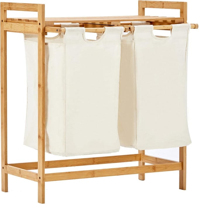 Wasmand met standaard - Kledingopslag mand - Was sorteren - Bamboe frame met plank - 2x 30 liter - Wit