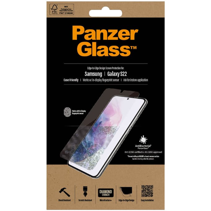 PanzerGlass Screenprotector geschikt voor Samsung Galaxy S22 Glazen | PanzerGlass Edge to Edge Screenprotector - Case Friendly