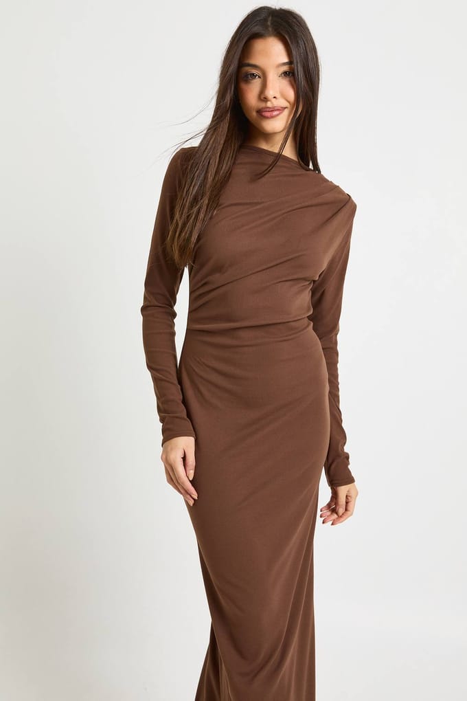 boohoo Dames Geruched lange mouwen midaxi jurk | Chocolate | Maat: 14