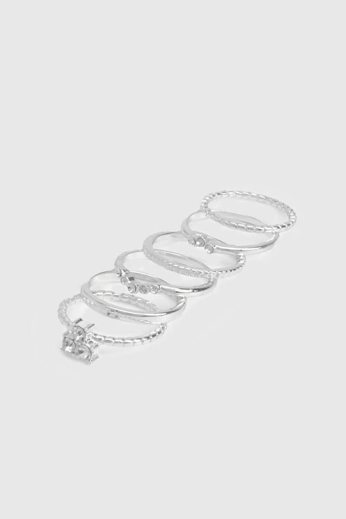 boohoo Dames Silver Diamante 6-Pack Ringen | Zilver