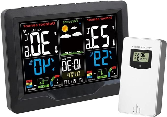 Weerstation Hygrometer - Binnen Buiten - Weersvoorspelling - LCD Kleurendisplay - 60 Meter Bereik - Wit