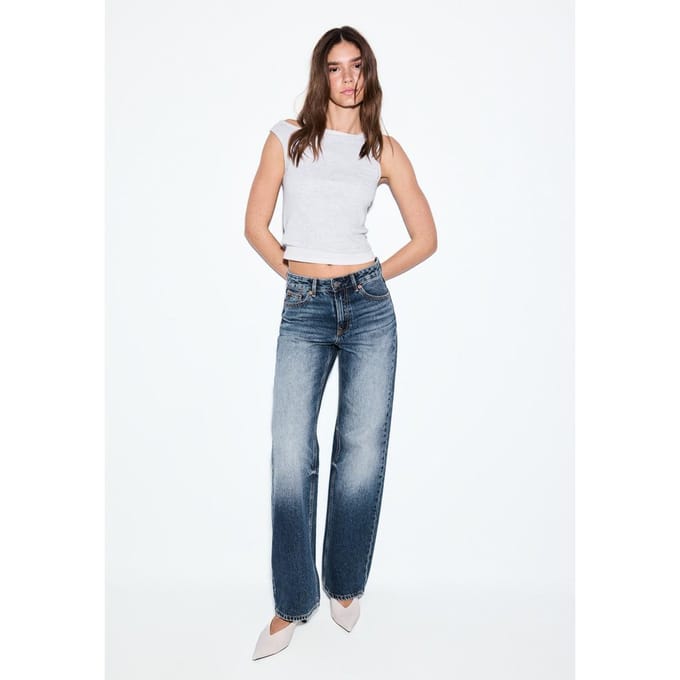 Stradivarius D92 straight wide jeans met scheuren  VERBLEEKTE DENIM WASSING 36