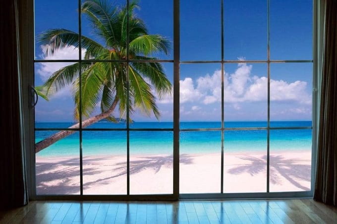 Fotobehang - Beach Window View 375x250cm - Vliesbehang