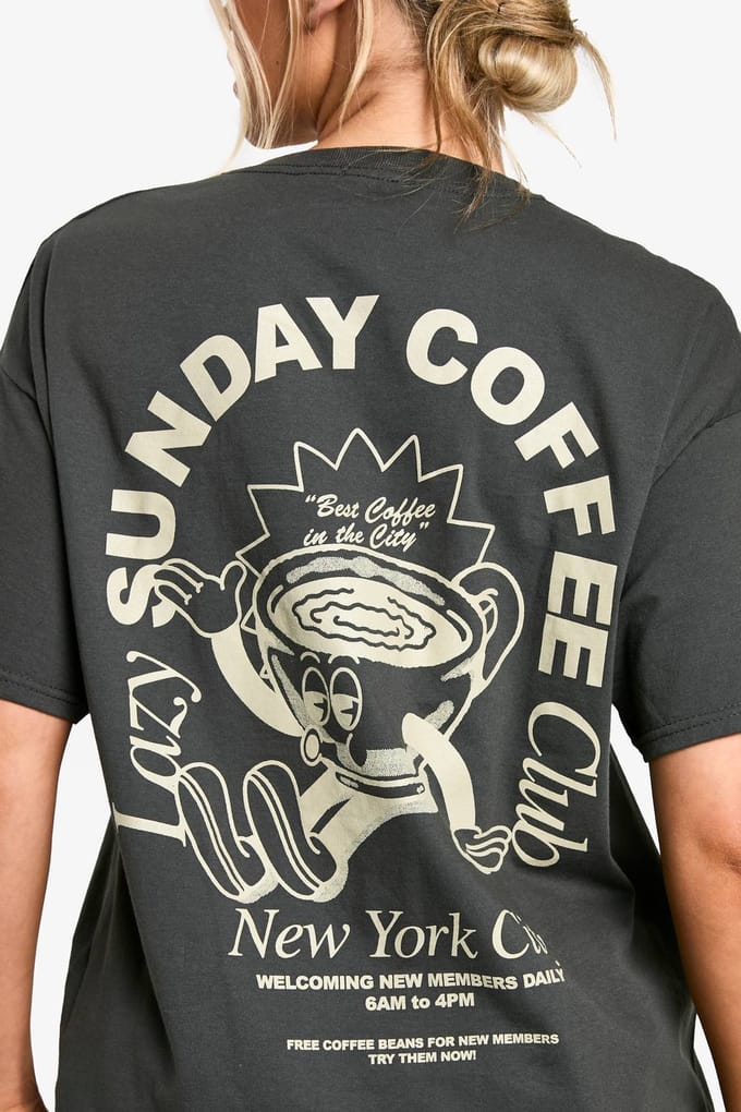 boohoo Dames Sunday Coffee Club Oversized Bedrukt T-Shirt | Houtskool | Maat: Medium