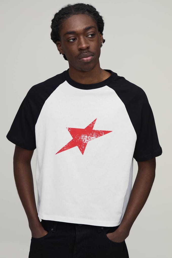 Slim Fit Boxy Raglan T-shirt Met Sterrenprint | White | Size Medium