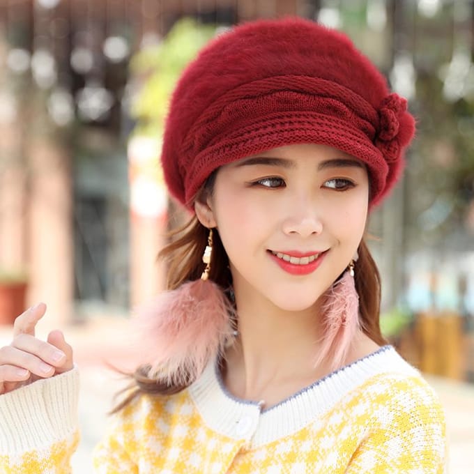 Bonnet d'hiver pour femme, bonnet tricoté en laine de canard, béret chaud noir