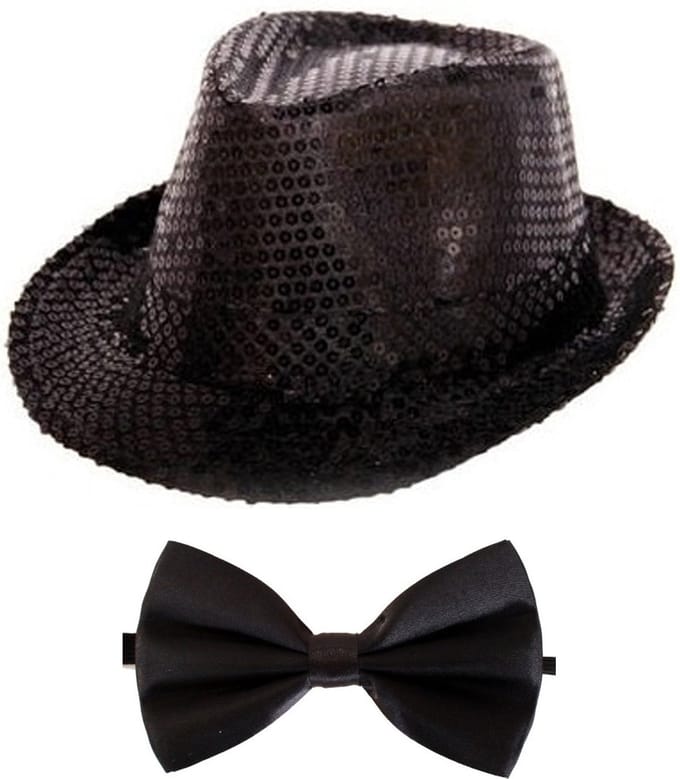 Folat - Verkleedkleding set - Glitter hoed/strikje zwart volwassenen