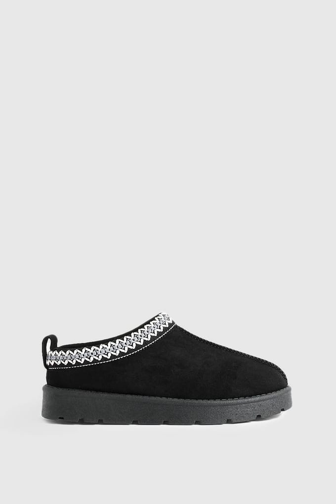 boohoo Dames Geborduurde Gezellige Mules | Black | Maat: 3