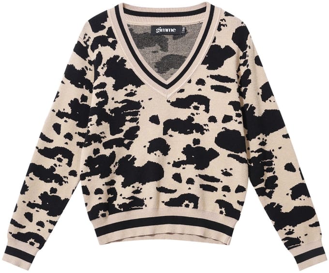 Comfortabele Gebreide Dames Trui met V-Hals en Luipaardprint - Kaki - Maat S/M
