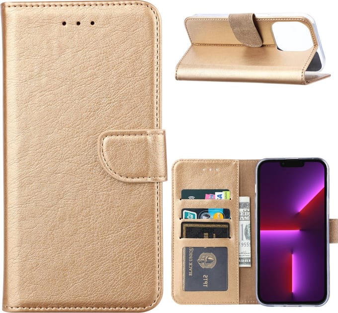 Phreeze Bookcase - Geschikt voor iPhone 15 Plus Hoesje Goud - Met Pasjes Houder - Vegan Leder - Magnetische Sluiting