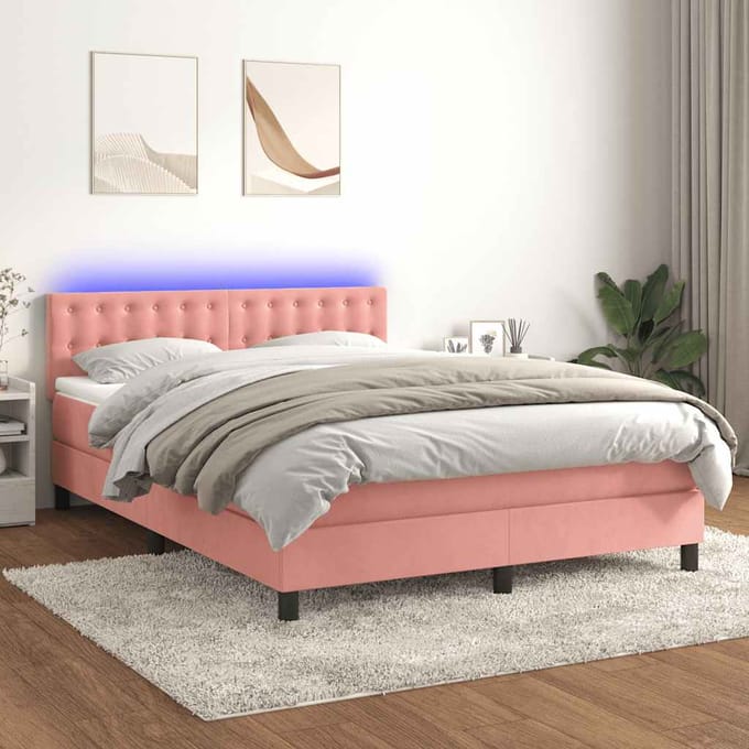 vidaXL - Boxspring - met - matras - en - LED - fluweel - roze - 140x190 - cm