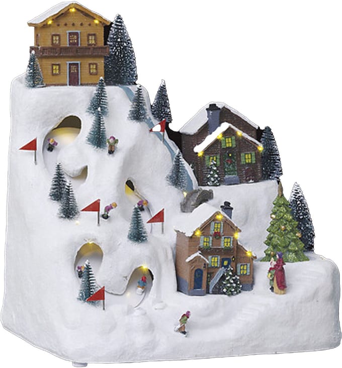 Feeric Christmas Kerstdorp kerst tafereel - skipiste - met verlichting, muziek, beweging - 34,5 cm - polyresin