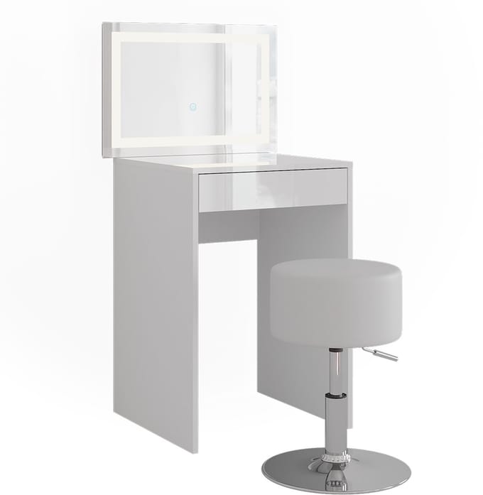 Vicco Kaptafel set met kruk Sherry, Wit/Wit Hoogglans, 51.4 cm met LED-spiegel en kruk