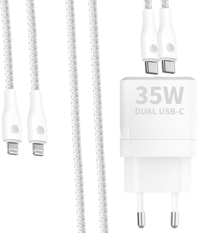 Usb C Adapter 2 Poorten - Dubbele usb C Snellader - Oplader geschikt voor iPhone 14 13 12 11 X - 1 Meter