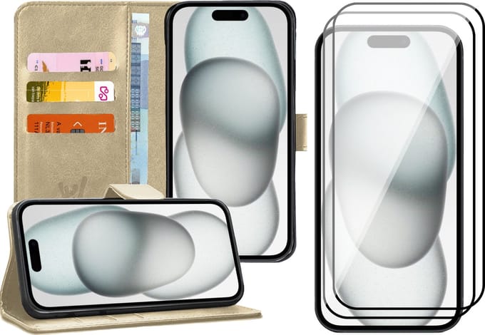 Hoesje geschikt voor iPhone 15 - 2x Screen Protector FullGuard - Book Case Kunstleer Pasjeshouder Goud & Screenprotector