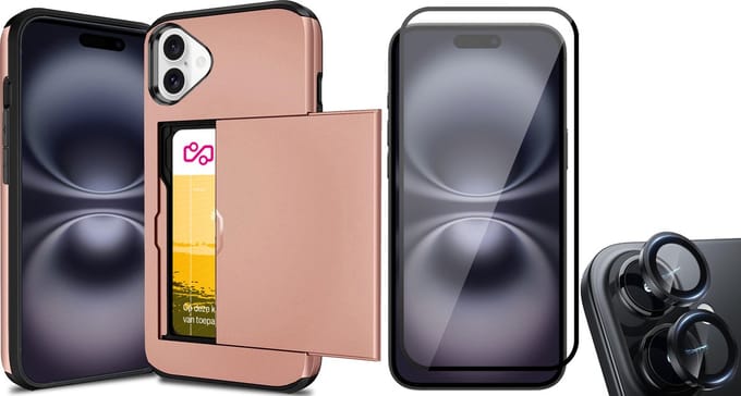 Hoesje met Pasjeshouder geschikt voor iPhone 16 Plus - Screenprotector FullGuard & Camera Lens Screen Protector Zwart - Back Cover SlideCase Roségoud