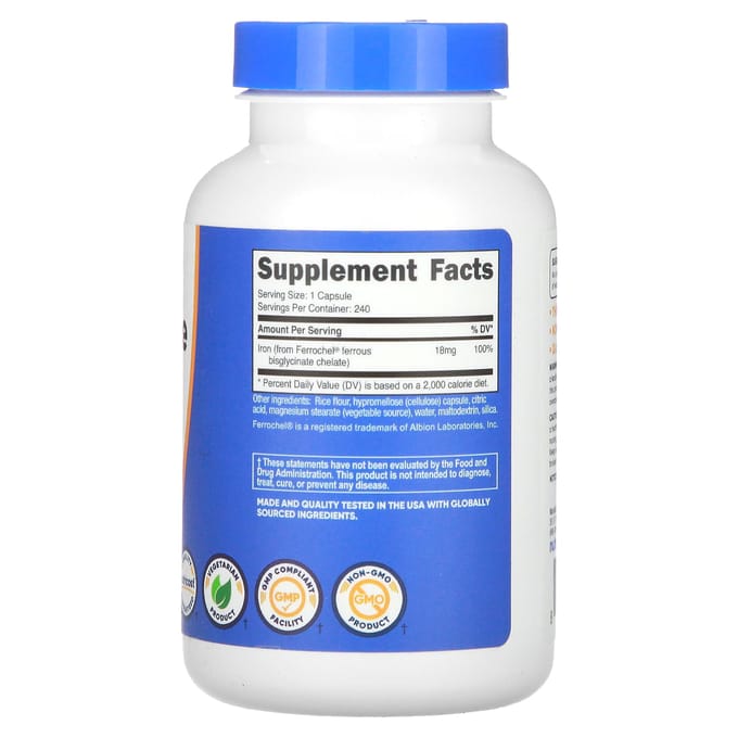 Nutricost, chélate de fer, 18 mg, 240 capsules