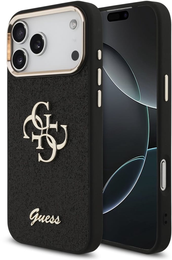 Guess PU Fixed Glitter 4G Metal Frame Backcover - Geschikt voor iPhone 17 Pro Max - Zwart