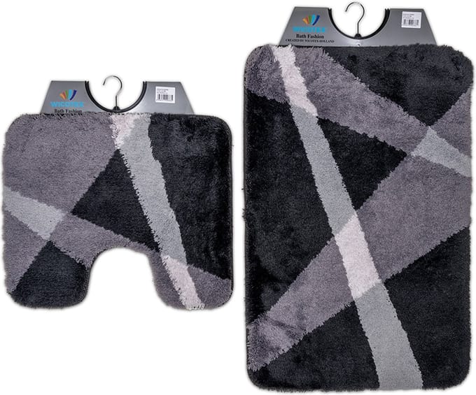 Wicotex - Badmat set met Toiletmat - WC mat met uitsparing Grijs gestreept - Antislip onderkant