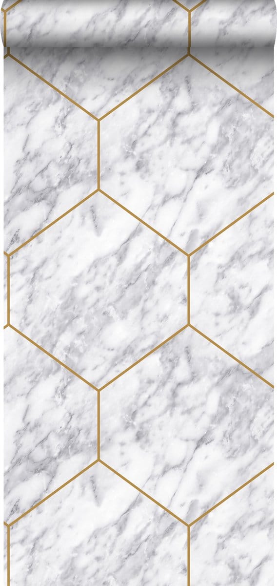Origin Wallcoverings behang hexagon met marmer effect wit, grijs en goud - 50 x 900 cm - 347808