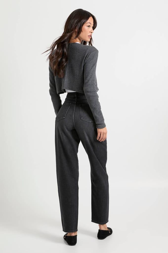 Dames Lang Boohoo Basics mom jeans met hoge taille | Washed Black | Maat: 14/36L
