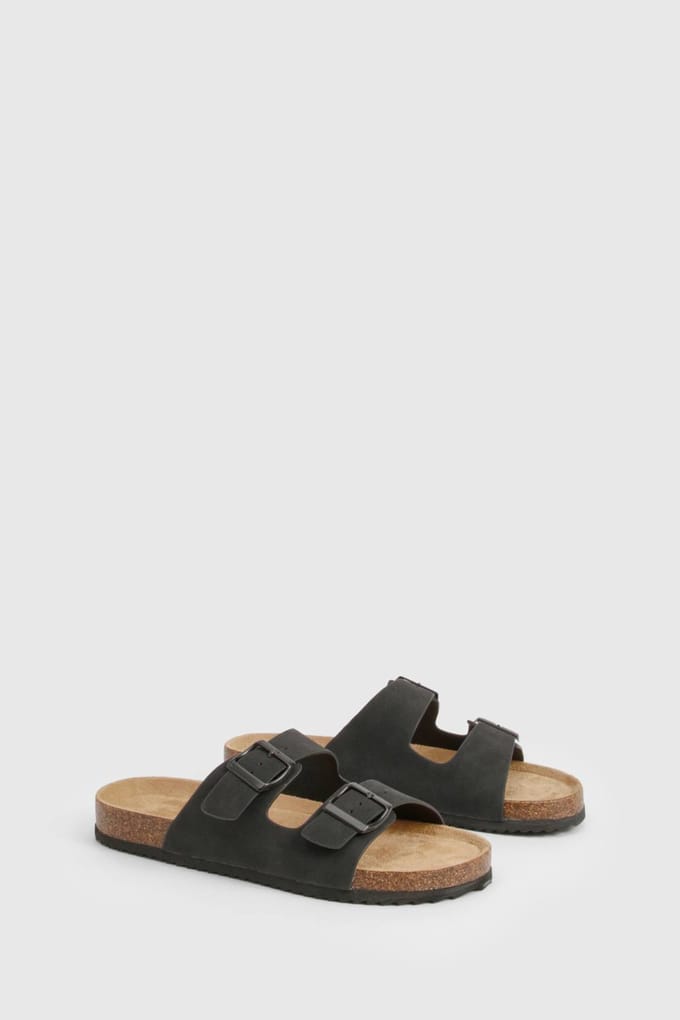 boohoo Dames Double Strap Footbed Buckle Sliders | Zwart | Maat: 37