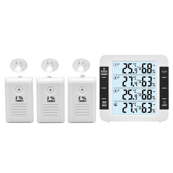 3-kanaals digitale binnen- en buitenthermohygrometer met afstandsbedieningssensor 328 ft/100 m achtergrondverlichting wit