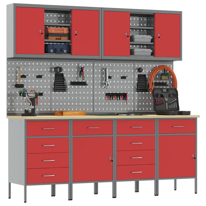 vidaXL - Werk - Cabinet - met - lade - 10 - st - Rood - Engineered - hout - en - staal