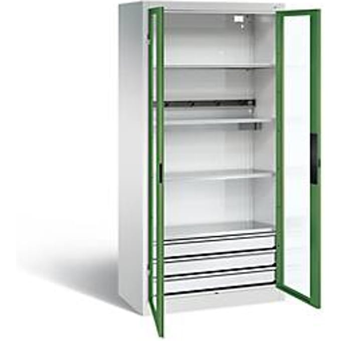 C+P Basic batterijlaadkast met kijkvenster van acrylglas, H 1950 x B 930 x D 500 mm, lichtgrijs/resedagroen