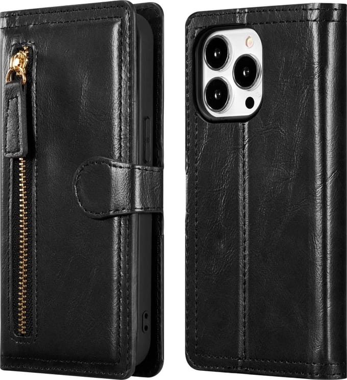 Bookcase Geschikt voor: iPhone 15 Plus Bookcase met ritssluiting - Flipcover - Magnetisch - 5 kaarten houder - Zwart