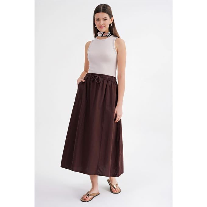 Hoge Taille Poplin Rok met Touwtje Detail