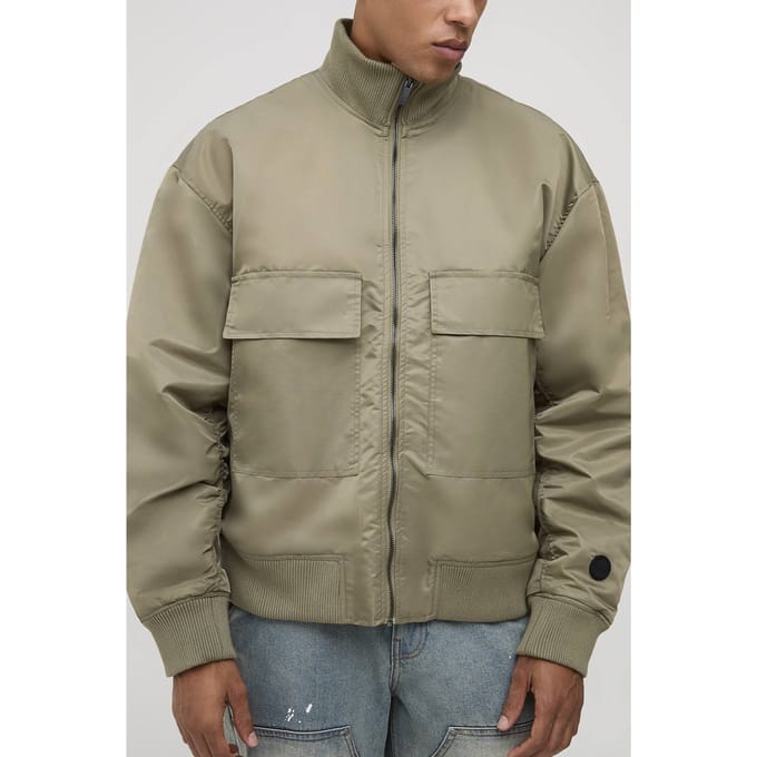 Oversized pasvorm chunky rib funnel neck bomberjack | Khaki | Size Medium