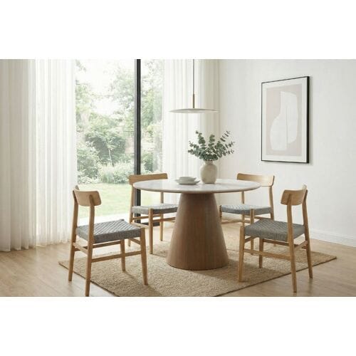Wohnling ronde eettafel bruin met wit marmerlook keramiek 120 cm