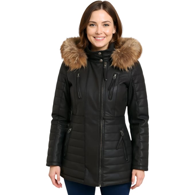 Dames Zwarte Gewatteerde Leren Parka Jas - Bowen