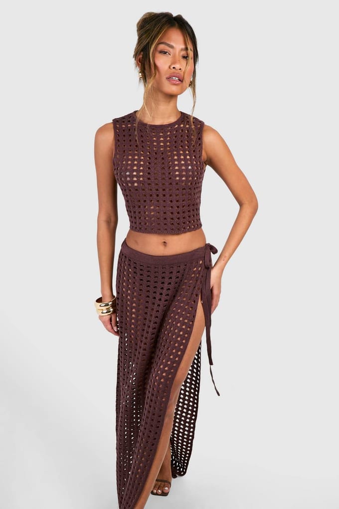 boohoo Dames Dij-spleet Gehaakte Maxirok | Chocoladebruin | Maat: Large