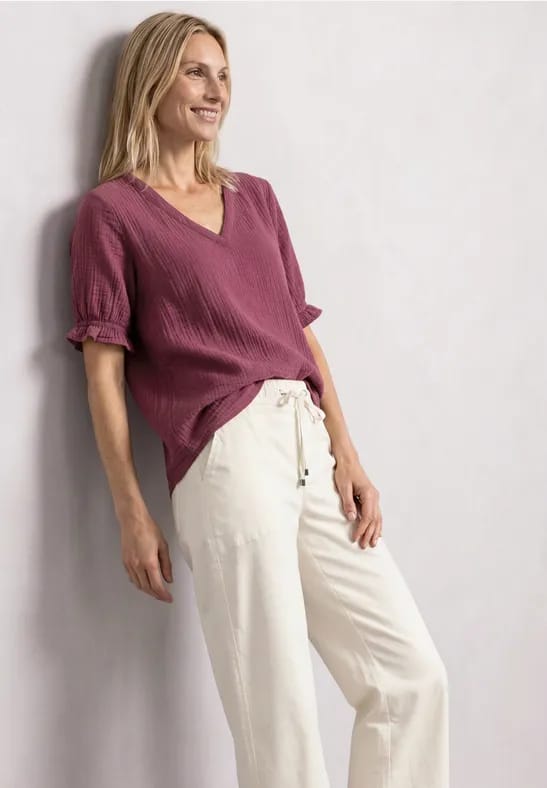 Blouse met korte mouwen, V-hals en ruches