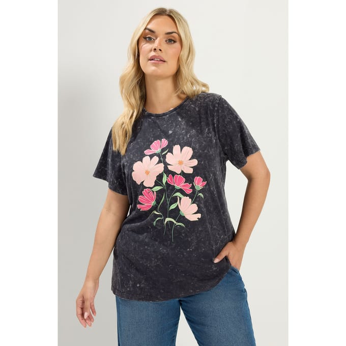 Yours Grijs Acid Wash Tshirt Met Bloemenprint Size 48